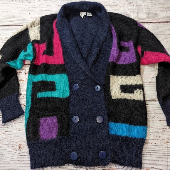 Cherrys Oversized Vintage Sweater Geometric Mohair Cardigan Medium 80s 90s - Picture 4 of 10
